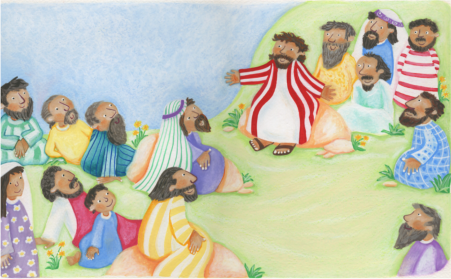 "Jesus and his friends sat together high on a grassy hillside."